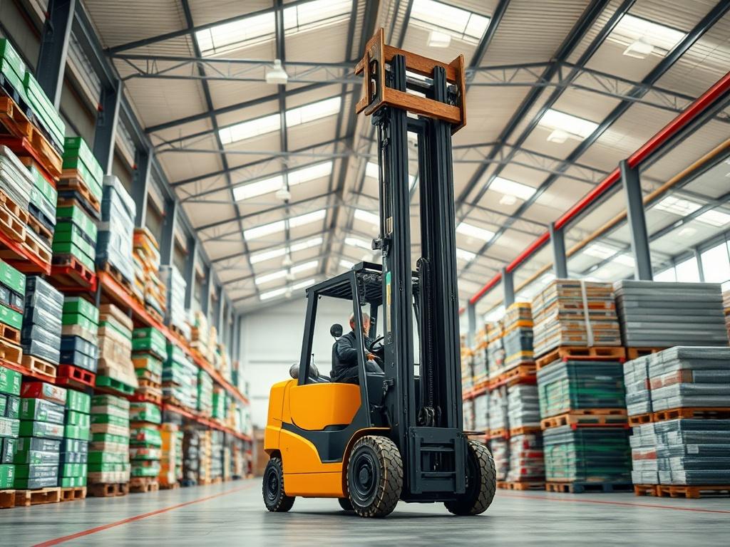 A spacious and organized warehouse interior, showcasing neatly stacked pallets of construction materials and tools. The focus is on a single forklift in action, emphasizing efficiency and productivity. The background should feature high ceilings with industrial lighting, creating a bright and professional atmosphere. The colors should be vibrant and inviting, with a touch of green to reflect the brand's identity.