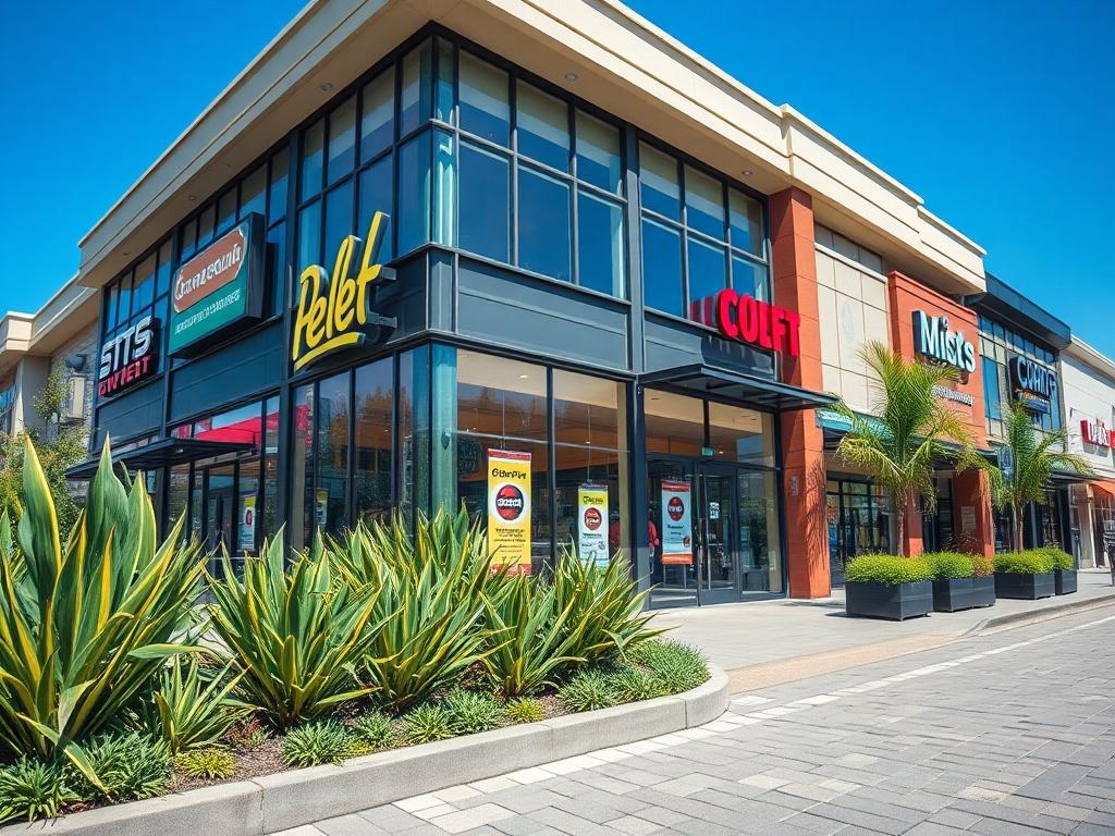 A high-resolution photo of a modern commercial strip featuring an inviting storefront with large glass windows, showcasing a variety of businesses. The facade should be sleek and contemporary, with vibrant signage and landscaped greenery in the foreground. The background should include a clear blue sky and well-maintained pavement to create an appealing urban atmosphere.