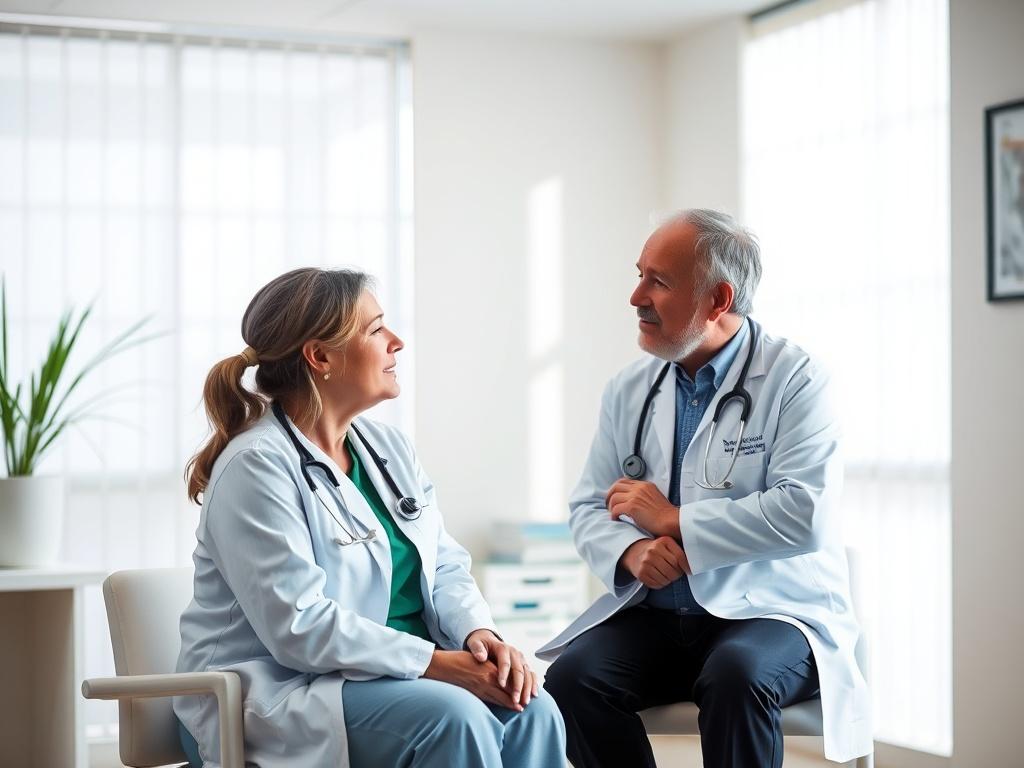 A serene and calm medical office setting, featuring a compassionate neurosurgeon consulting with a patient. The background should include soft, natural lighting with gentle colors, showcasing a welcoming environment. The subject should be engaged in conversation, demonstrating empathy and professionalism, creating a sense of trust and care.