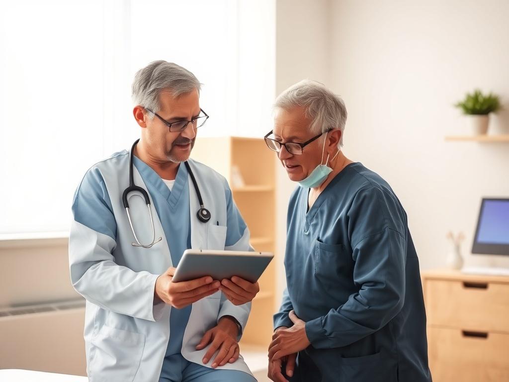 A realistic high-resolution photo of a neuro surgeon consulting with a patient in a well-lit office. The patient appears engaged and curious, while the surgeon is explaining something on a tablet. The environment should be calm and professional, with soft lighting and a soothing color palette centered around blue (#062767).