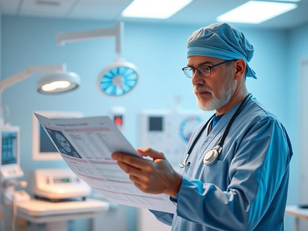 A realistic high-resolution photo of a neuro surgeon in a clinical setting, examining a patient's medical chart with a focused expression. The background should be softly lit, conveying a peaceful atmosphere, featuring medical equipment subtly in the background. The color scheme should harmonize with soft tones and a dominant blue color (#062767).
