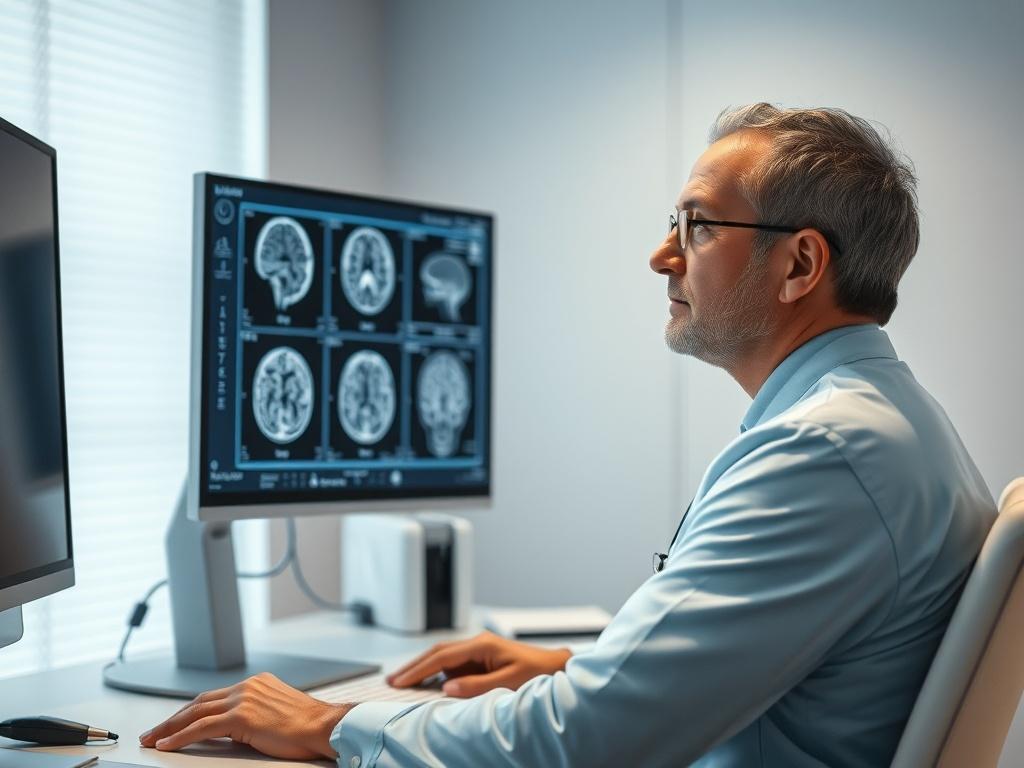 A realistic high-resolution photo of a neuro surgeon reviewing brain scan images on a computer screen, with a thoughtful expression. The setting should be a modern medical office, softly lit, creating a calm and professional atmosphere. The overall colors should reflect soft tones with a focus on the primary blue color (#062767).