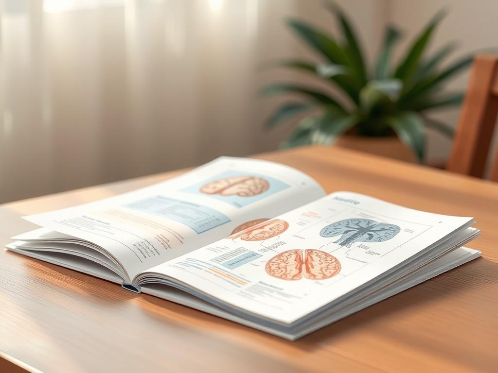 A high-resolution image of a medical brochure on a table, showing anatomical diagrams related to neurology, with a soft background and gentle lighting.