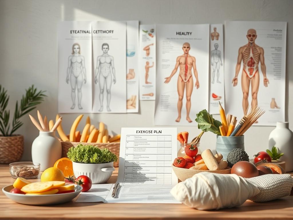 A high-resolution image featuring healthy food options and an exercise plan, with anatomical diagrams in the background, soft lighting, and a peaceful atmosphere.
