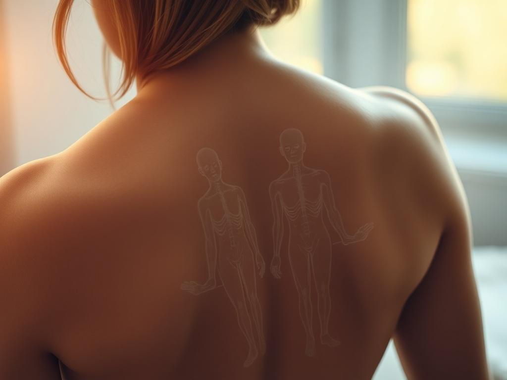 A high-resolution image of a close-up of a person's lower back with a subtle overlay of anatomy illustrations, soft tones and natural light.