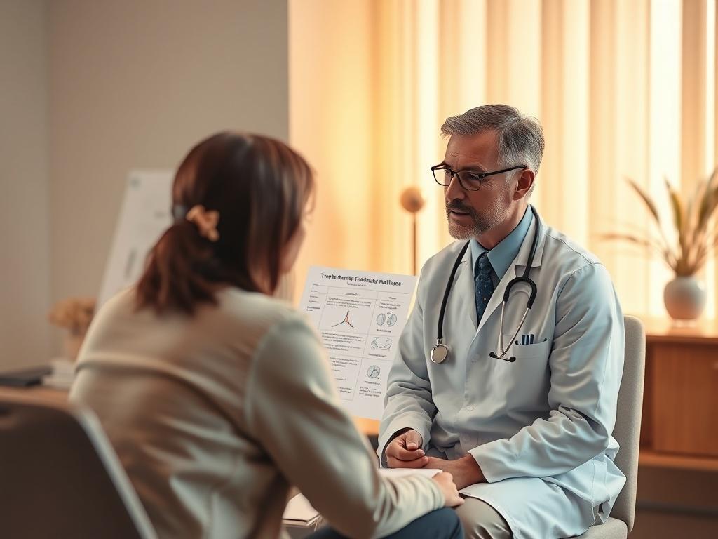 A high-resolution image of a consultation scene where a doctor explains treatment options using a diagram, warm lighting and neutral colors.
