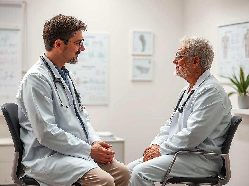A high-resolution image of a patient discussing with a neurocirujano in a calm medical office, soft lighting, clean background, relevant medical charts visible.