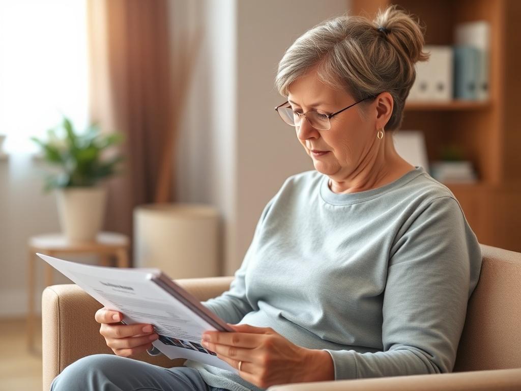 A high-resolution, realistic photo of a patient reading a brochure about cervical hernia symptoms in a comfortable waiting room, soft lighting, and calming colors.