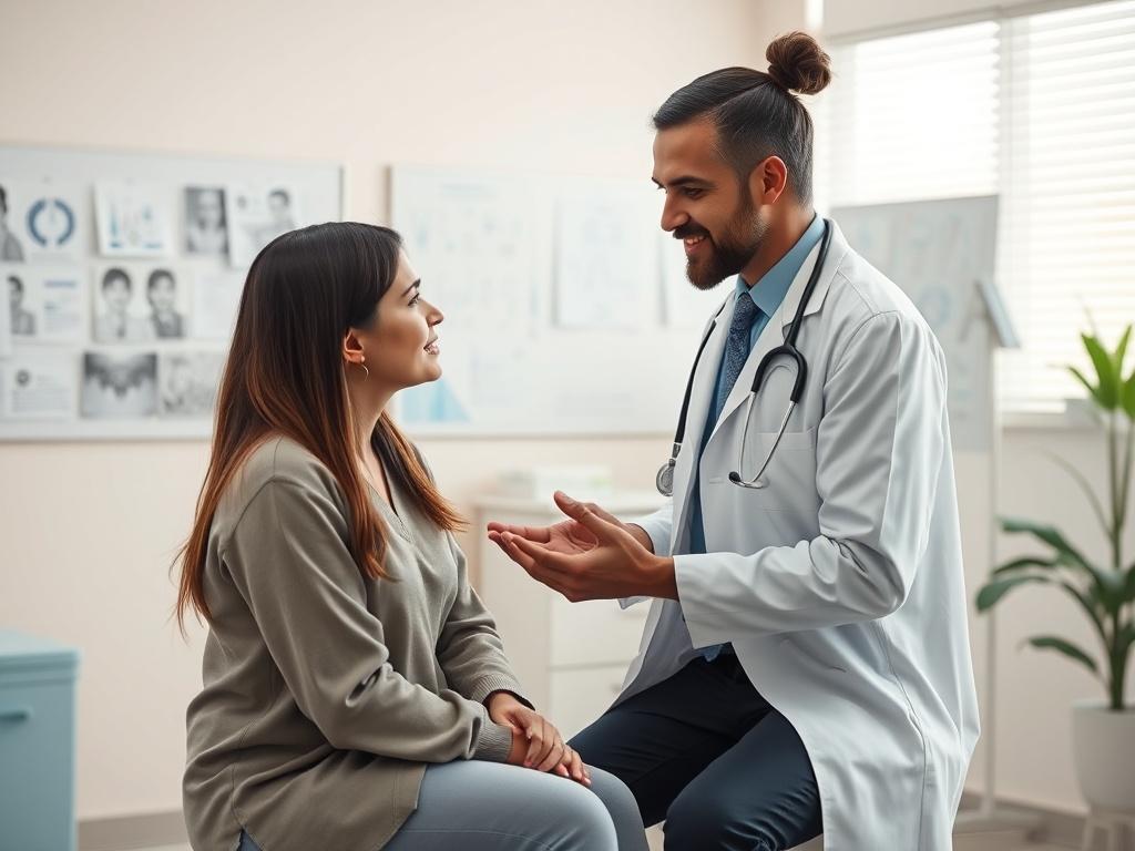 A high-resolution, realistic photo of a healthcare provider discussing treatment options with a patient in a clinical setting, with medical charts and calming colors in the background.