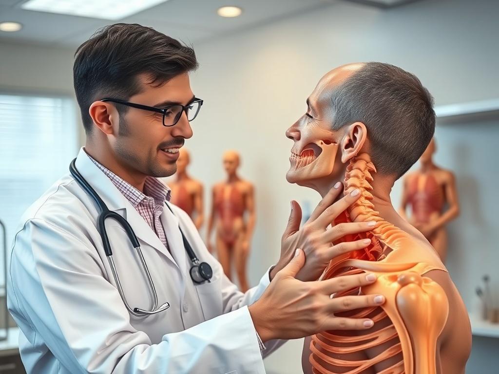 A high-resolution, realistic photo of a medical professional explaining neck anatomy to a patient in a well-lit office, with anatomical models in the background, soft colors, and a calm atmosphere.