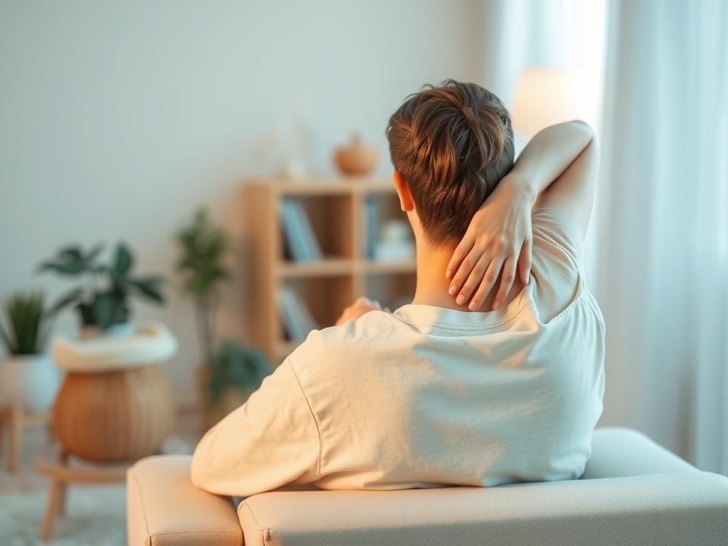 A serene and informative setting depicting a person sitting comfortably, experiencing mild back pain, with a soft-focused background of calm colors and gentle lighting.