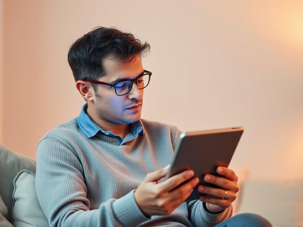 A thoughtful individual reviewing symptoms of sciatica on a digital tablet, with a calm and inviting background featuring soft colors.