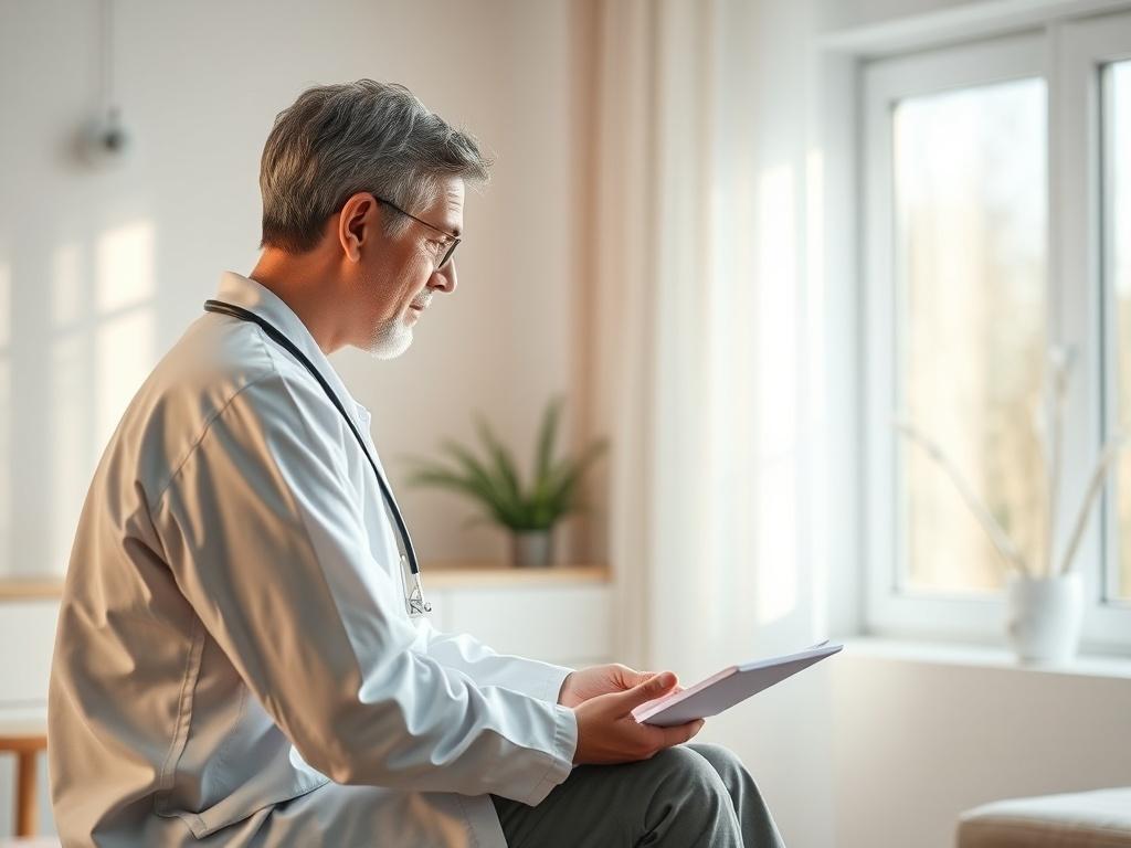 A calm setting showing a healthcare professional discussing treatment options with a patient, with a soothing environment and natural light.
