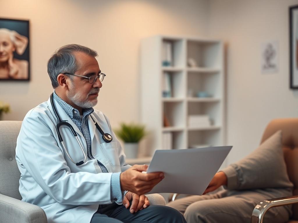A serene high-resolution image of a doctor reviewing a patient's medical chart in a calm office setting. The doctor is an experienced Hispanic male, showing genuine concern and care. The patient, an older male, is sitting comfortably, engaging in the conversation. The background features soft lighting and a medical bookshelf, adding to the reassuring atmosphere.