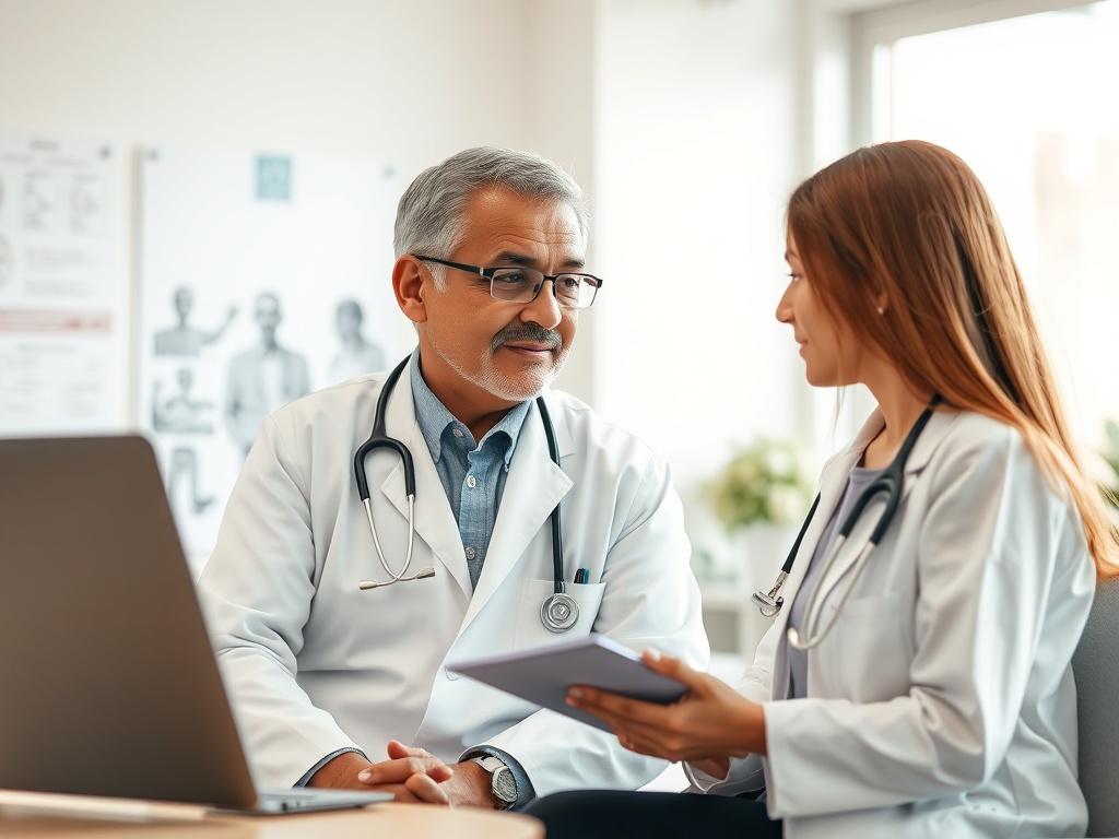 A high-resolution image of a doctor consulting with a patient in a bright, well-lit office. The doctor is a middle-aged Hispanic male, wearing a white coat, with a warm and approachable demeanor. The patient, a young female, is attentively listening and taking notes. The background is softly blurred, featuring medical charts and a window with natural light coming in, creating a peaceful atmosphere.