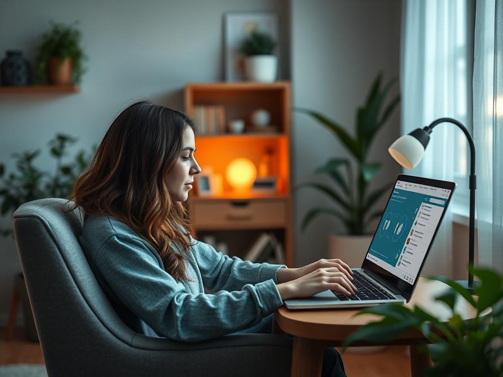 A high-resolution image of a person using a laptop while looking engaged and focused. The setting is a cozy home office with soft lighting, plants, and a comfortable chair. The screen displays a user-friendly interface for self-diagnosis tools. The atmosphere is calm, promoting a sense of empowerment and self-awareness regarding health.