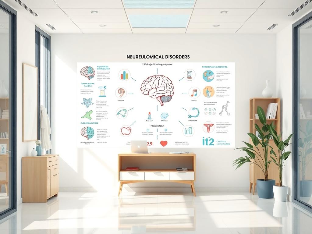 An educational infographic on neurological disorders displayed in a modern medical office. The infographic includes icons and illustrations related to brain health and common neurological issues. The setting is bright and inviting, with soft colors that create a serene atmosphere. The focus is on making complex information accessible and easy to understand for patients.