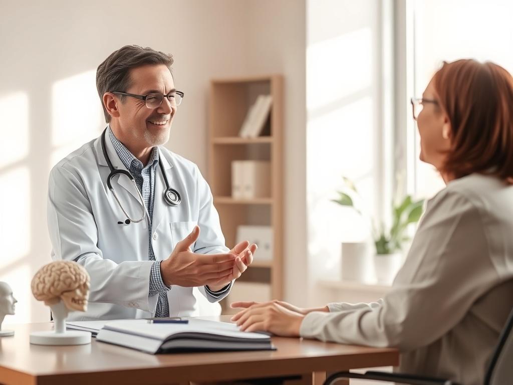 A professional neurosurgeon consulting with a patient in a bright, well-lit office. The background is soft-toned, creating a peaceful atmosphere. The neurosurgeon is explaining something with a welcoming smile while the patient listens attentively. The setting includes a desk with medical books and a model of the human brain, reflecting a professional yet calming environment.