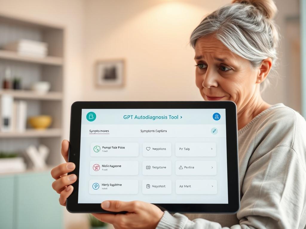 A digital interface showing a user-friendly GPT autodiagnosis tool on a tablet. The background features a calm medical office environment with soothing colors. The focus is on a patient engaging with the tool, looking curious and interested. The tablet screen displays interactive options for symptom input, emphasizing accessibility and innovation in healthcare.