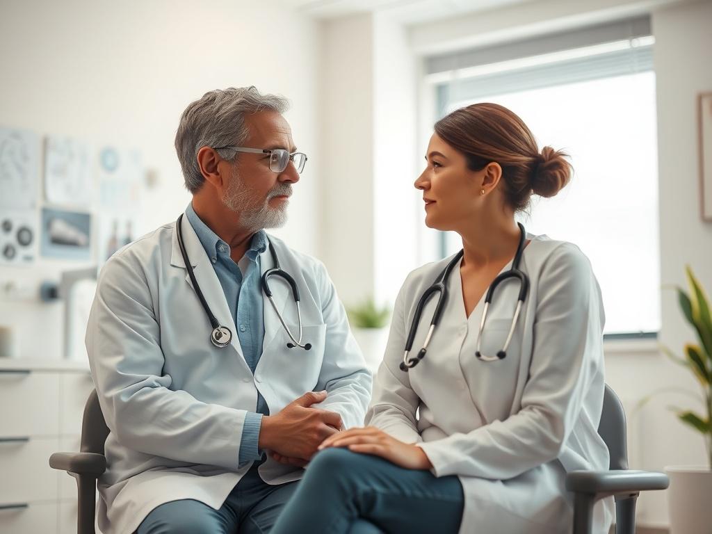 A professional neuro surgeon consulting with a patient in a bright, modern medical office. The setting is calm and inviting, with soft lighting and a clean aesthetic. The surgeon is attentively listening to the patient, who appears engaged and interested. The background features medical charts and a window with soft, natural light.