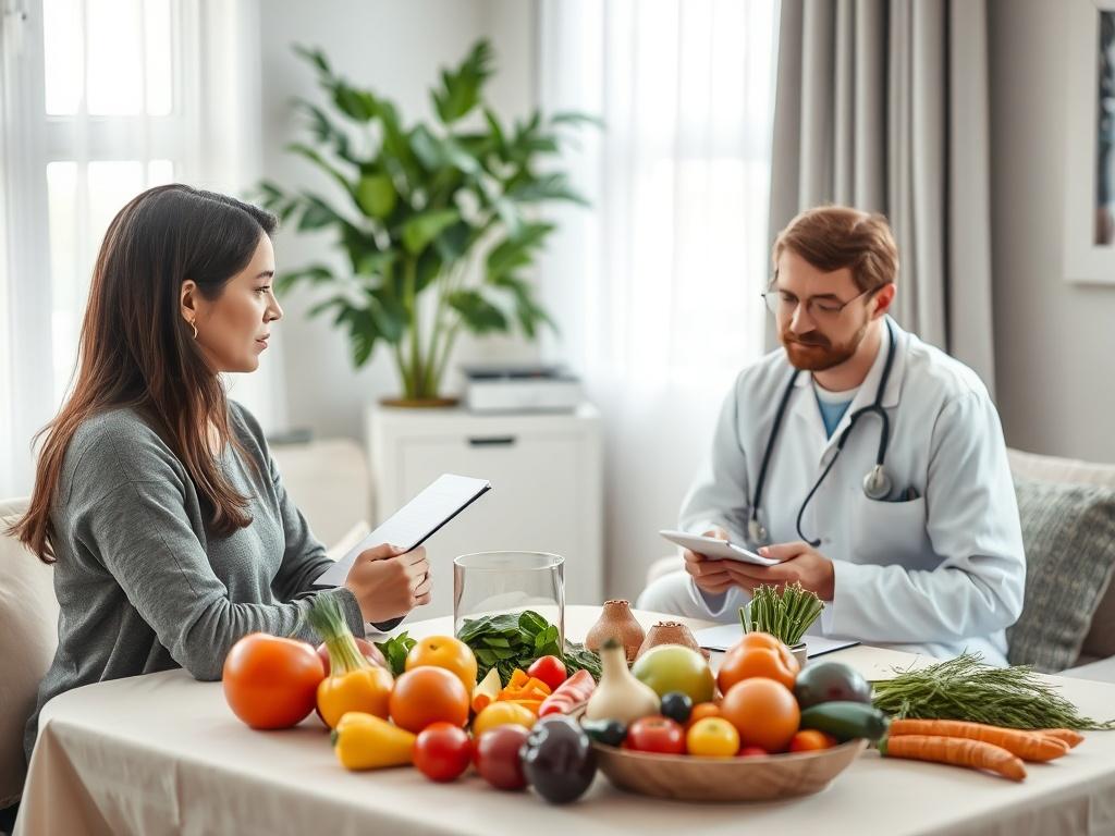 A nutritionist discussing healthy eating habits with a patient in a cozy, well-lit consultation room. The focus is on a table with colorful fruits and vegetables, creating an inviting and informative atmosphere. The patient is taking notes and appears motivated to adopt a healthier lifestyle.