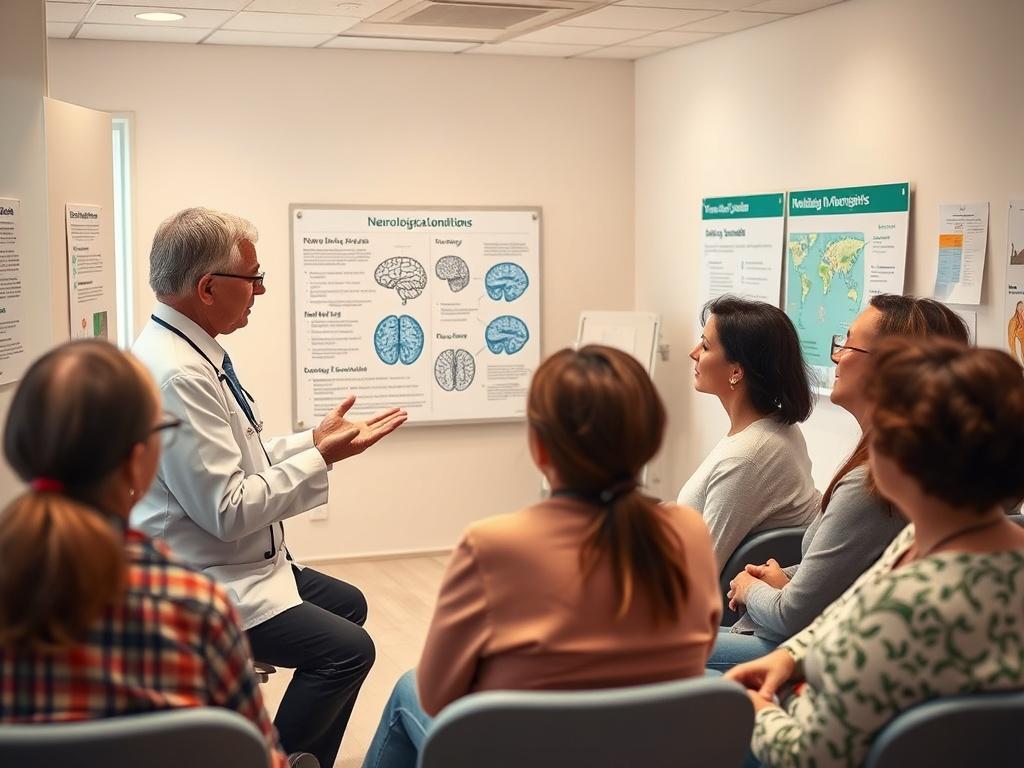 An educational session with a healthcare professional explaining neurological conditions using visual aids. The environment is bright and serene, featuring educational posters and a welcoming atmosphere. The audience consists of engaged patients and family members, showing interest in the information being presented.