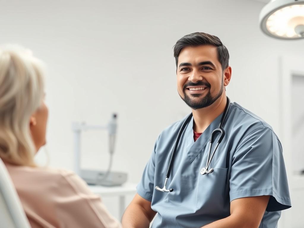 A realistic high-resolution photo of a compassionate neurosurgeon consulting with a patient in a bright, modern clinic. The neurosurgeon is a middle-aged Hispanic man, wearing a surgical scrub and smiling reassuringly. The background features soft white tones, gentle lighting, and medical instruments subtly placed to enhance a peaceful atmosphere.