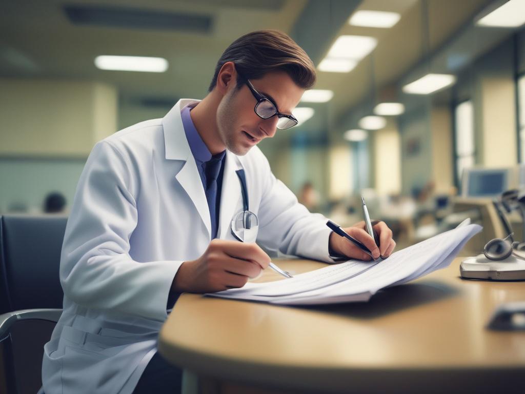 A close-up shot of a doctor reviewing patient records with a warm and welcoming smile, in a modern hospital setting, with soft lighting that highlights the professionalism and care in the environment, shot with a 45mm f/1.2 lens, color scheme featuring #C31755.
