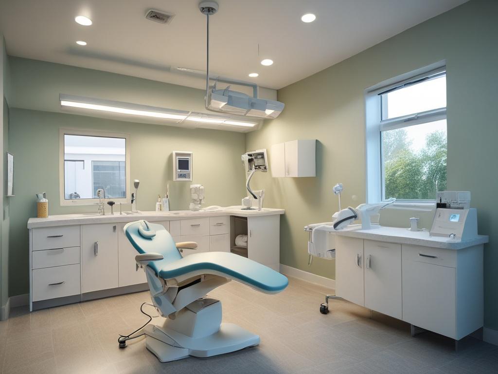 A close-up shot of a modern dental treatment room at Merlicare Hospital, showcasing advanced dental equipment and a welcoming atmosphere. Bright, clean environment with natural light filtering in, highlighting the state-of-the-art technology used for patient care. High-resolution, hyper-realistic rendering with focus on the dental chair and tools. Composition should be simple and clear.