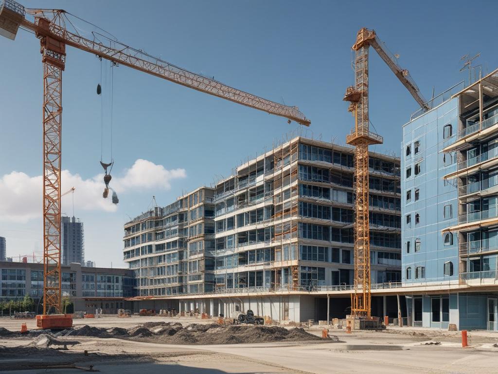 A modern hospital construction site with cranes and workers, showcasing the foundation of a new Medical Wing. The background features a clear blue sky, and the foreground captures close-up details of construction materials and tools, conveying progress and innovation. The color scheme includes #C31755 to represent Merlicare Hospital.