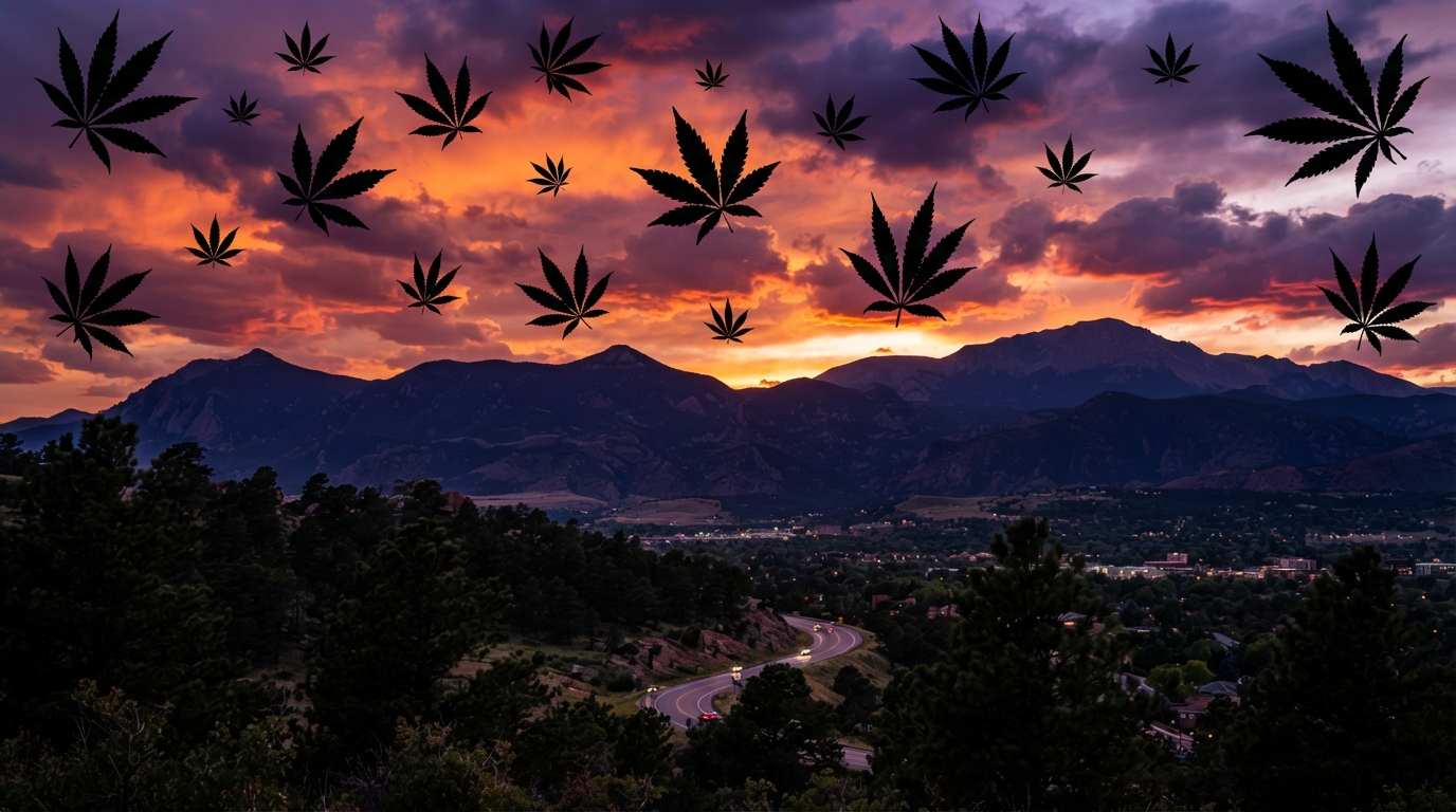 Colorado Springs mountains with cannabis leaf silhouettes