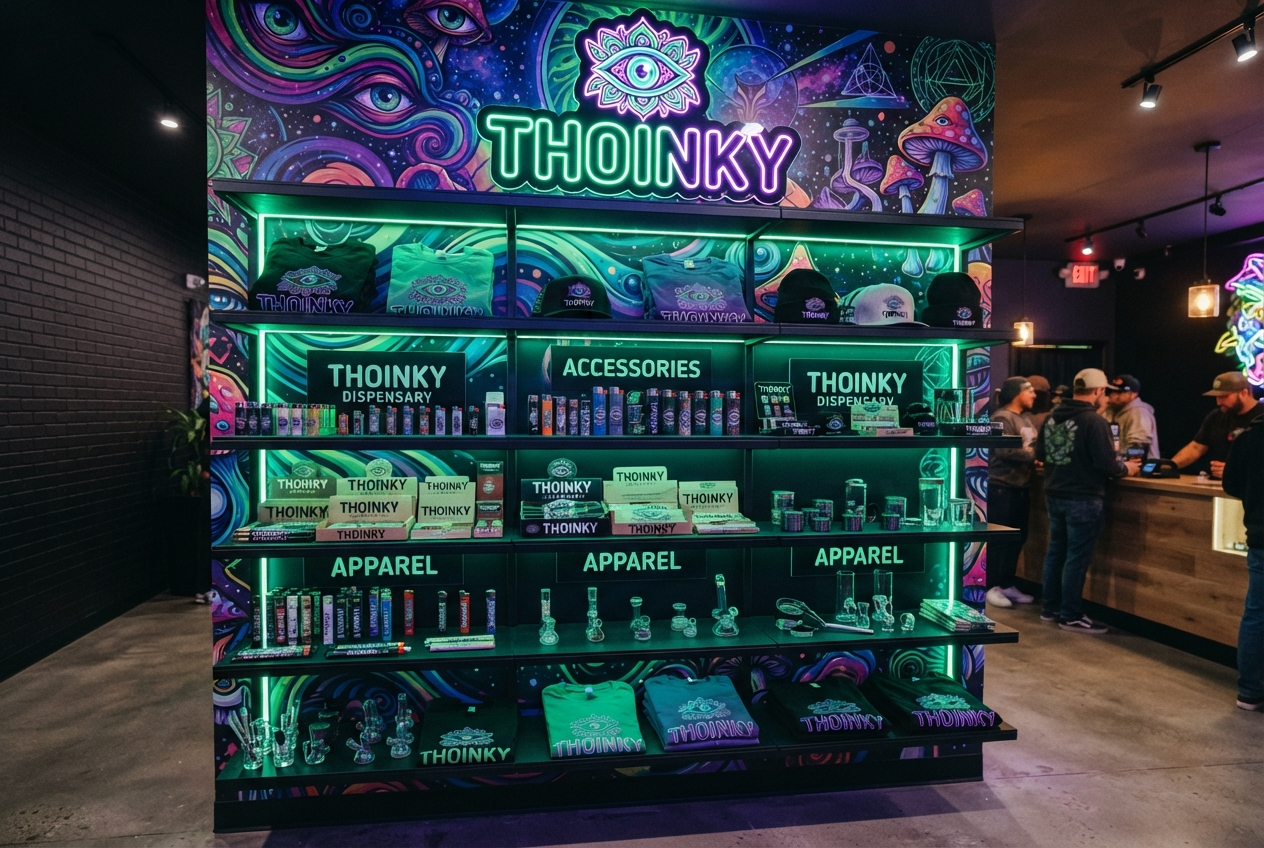 THOINKY dispensary wall display with retail collection