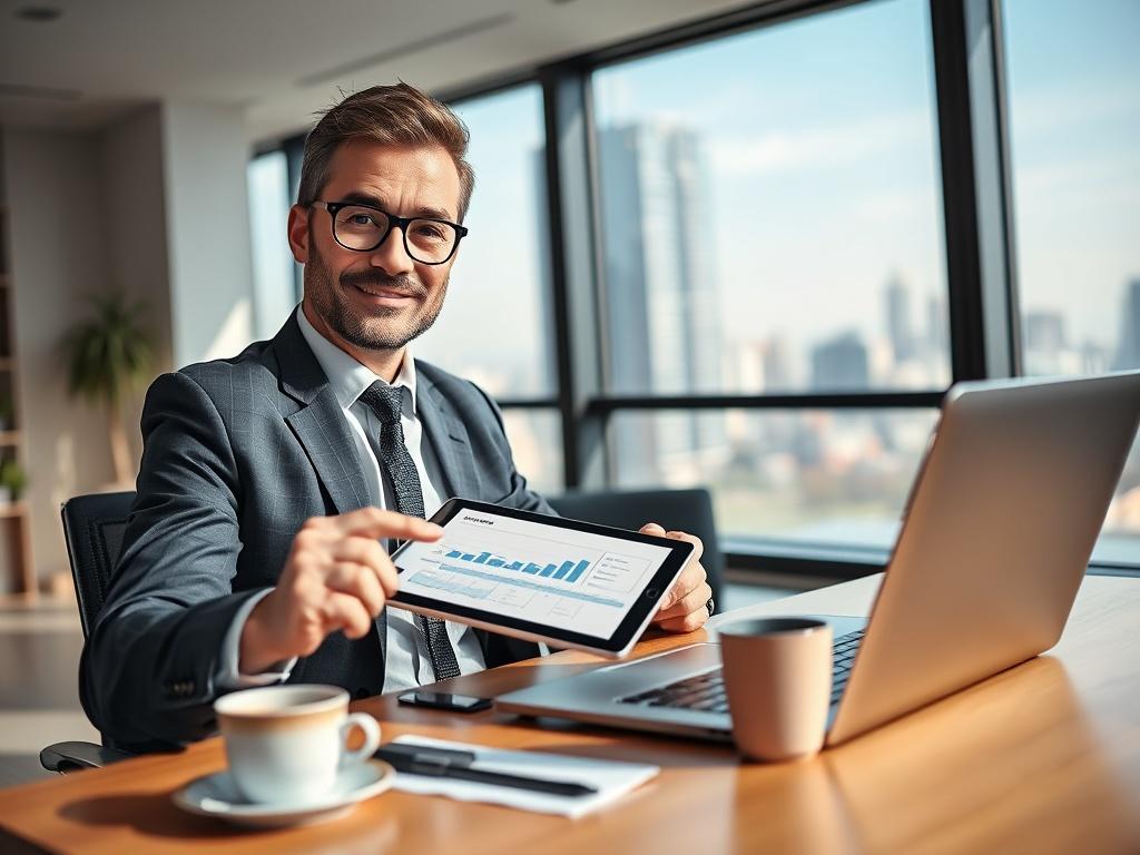 A realistic high-resolution photo of a confident business consultant pointing at a strategic plan on a digital tablet. The consultant is dressed in a professional suit, sitting at a modern office desk with a sleek laptop and coffee cup. The background features a bright, well-lit office space with minimalistic decor and a large window showing a city skyline. The primary color should be rgb(50, 170, 39), creating a vibrant and engaging atmosphere.