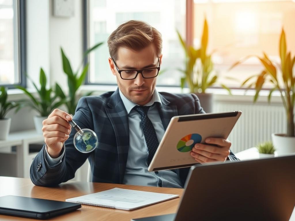 A realistic high-resolution photo of a business consultant analyzing data on a digital tablet, with charts and graphs displayed. The consultant is focused and engaged, sitting at a modern office desk. The background features a well-organized office environment with plants and natural light coming through a window. The composition is simple and clear, emphasizing the consultant as the main subject.