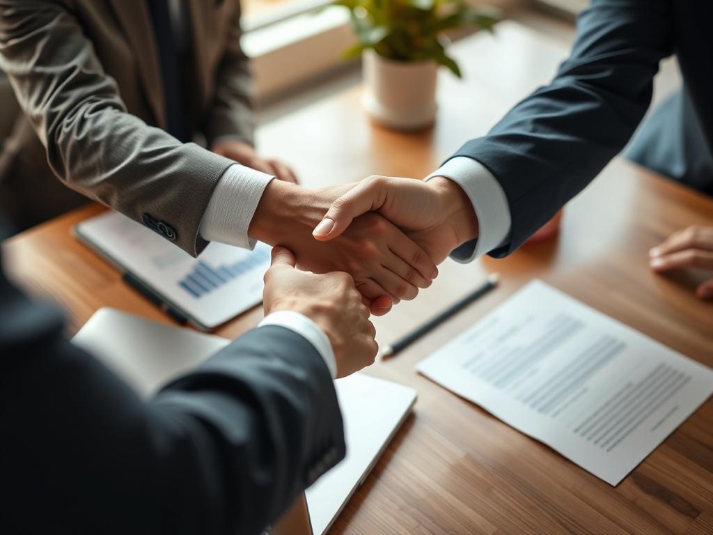 A close up shot of business professionals shaking hands over