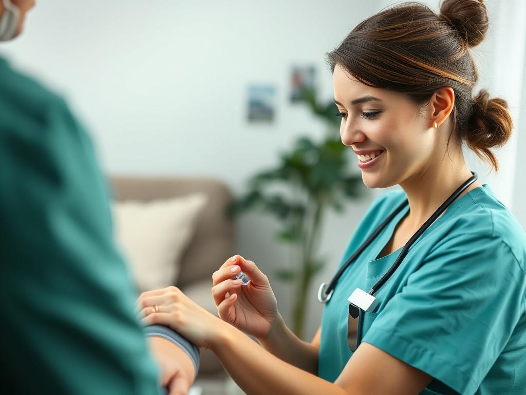 A close up shot of a professional nurse in scrubs