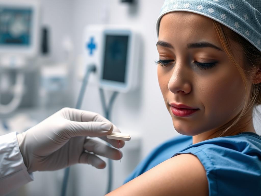 A close up shot of a nurse gently drawing blood