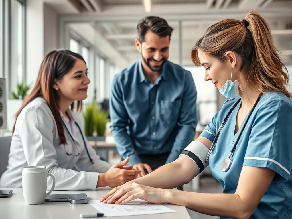 A nurse conducting a blood draw in a modern office