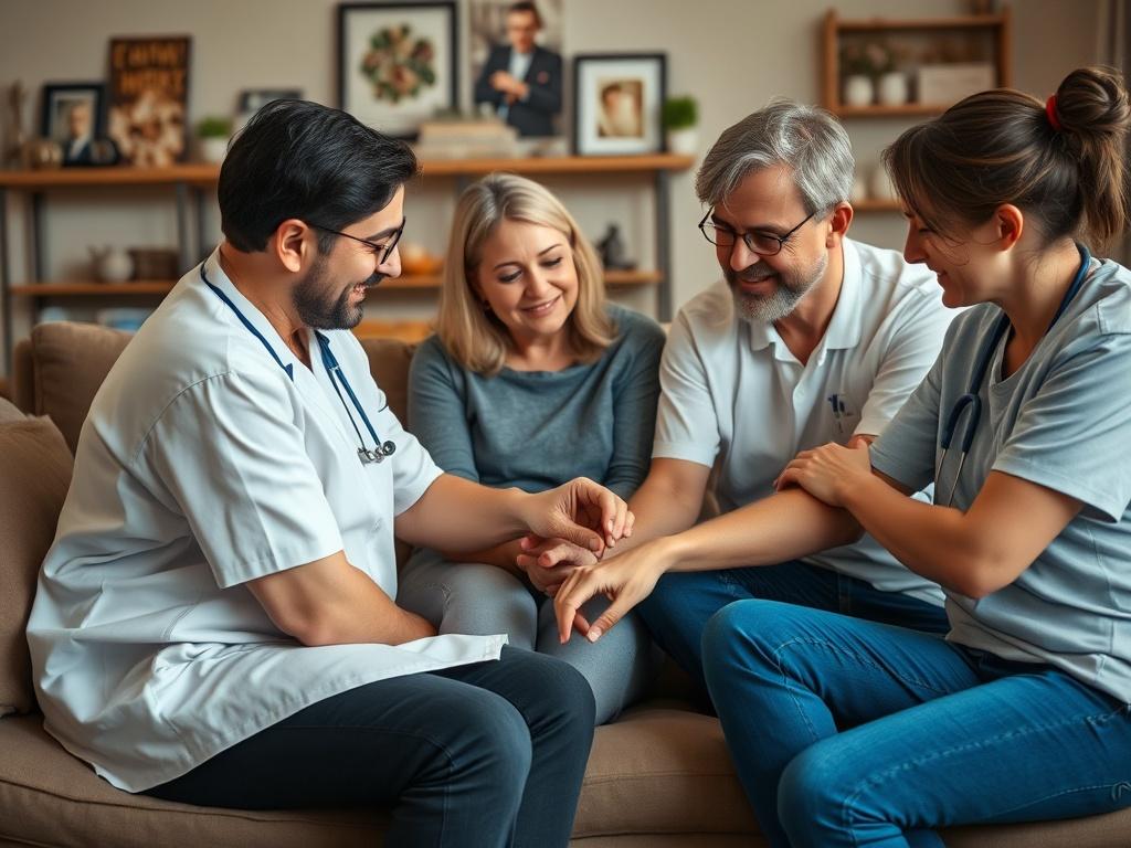 A family sitting together in their living room, interacting with