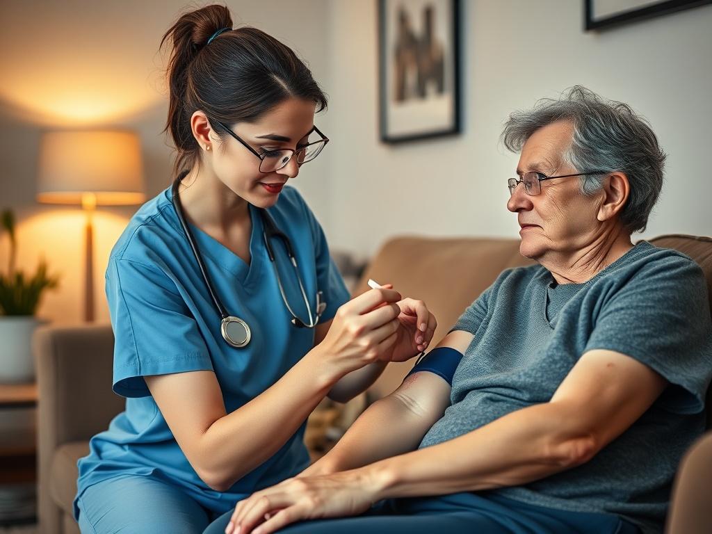 A nurse in scrubs gently drawing blood from a patient