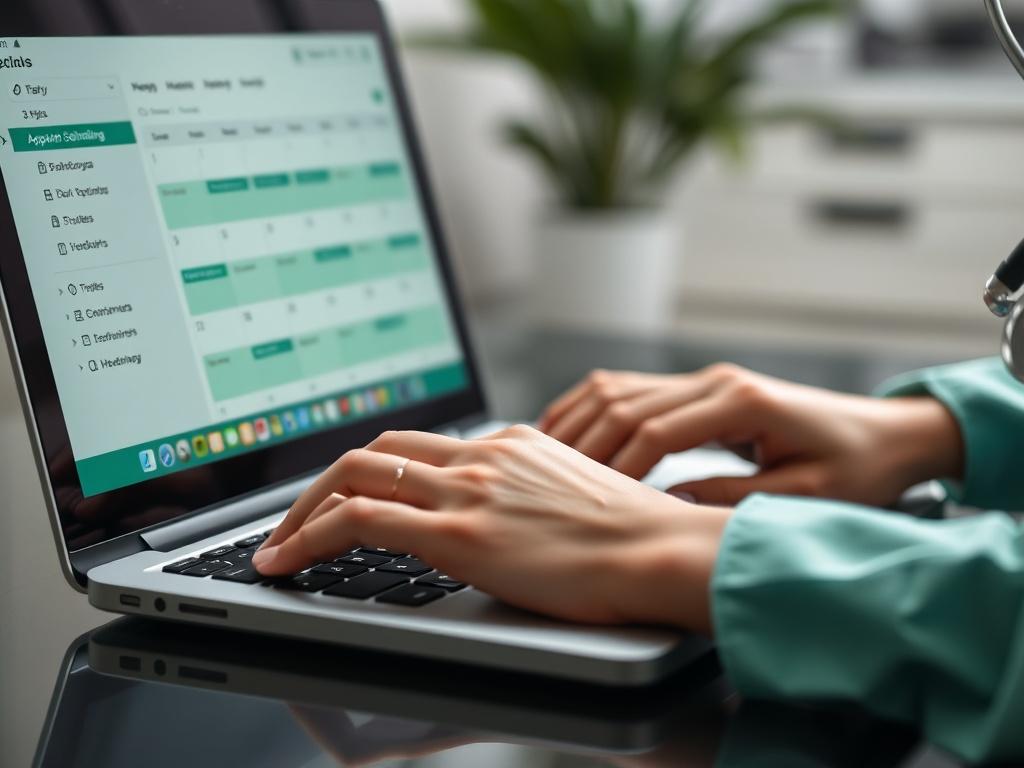 A close up shot of a nurse's hands typing on