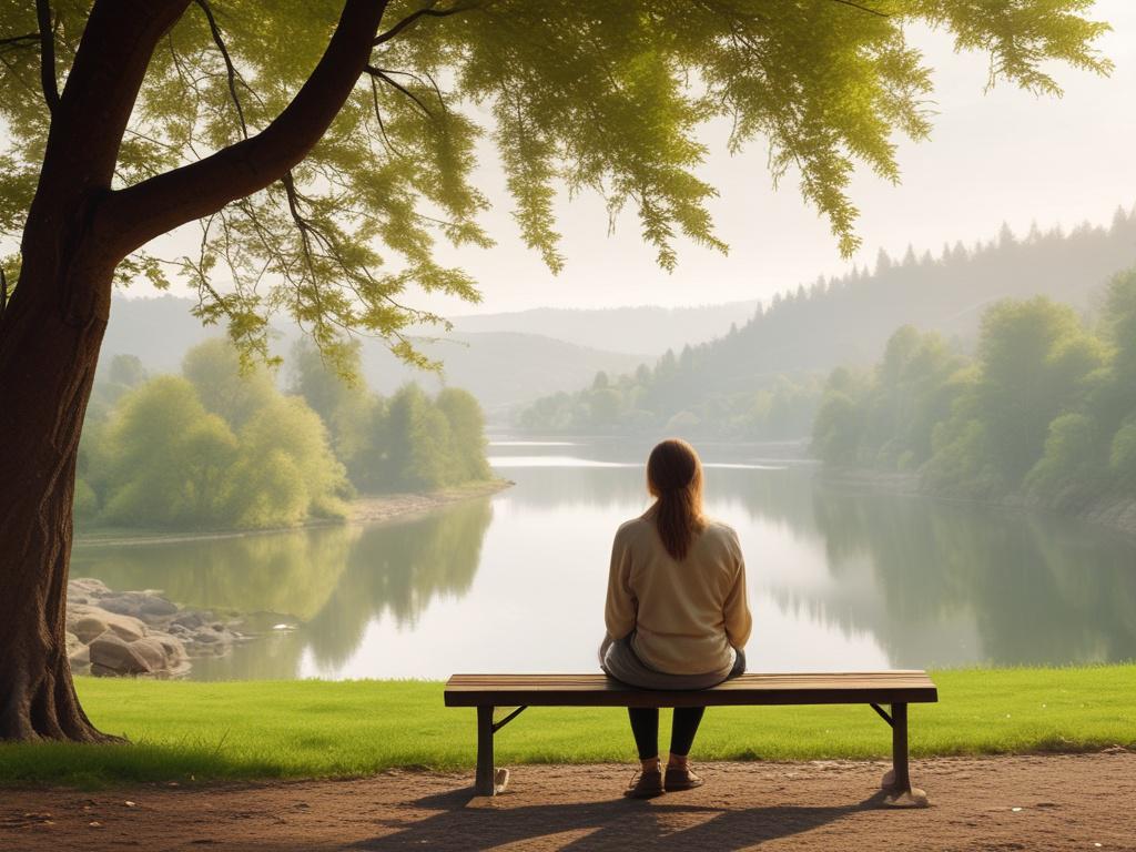 A serene outdoor setting with soft lighting, a single person