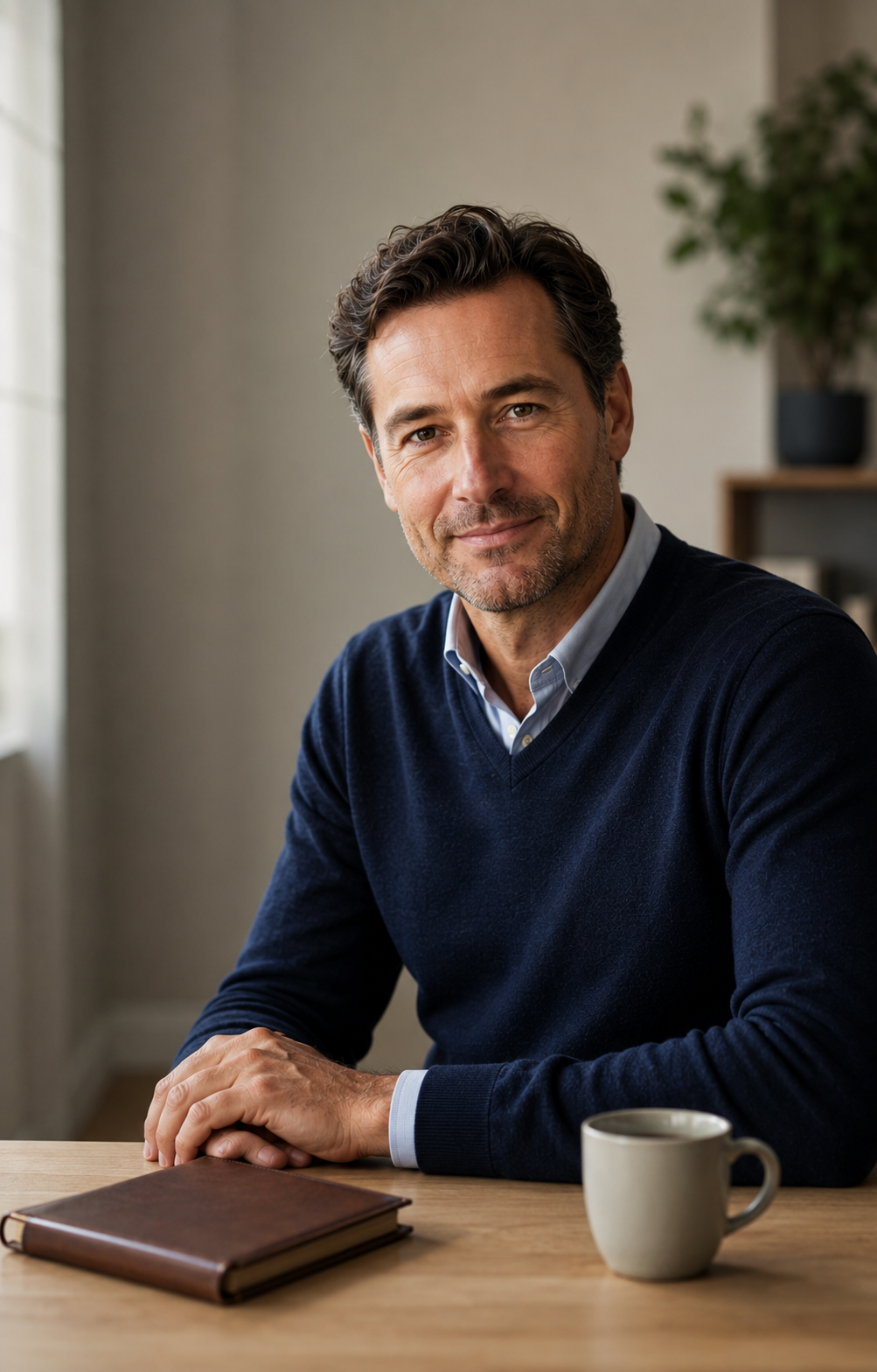 A friendly tax advisor in a navy sweater seated at a desk with a leather notebook and coffee