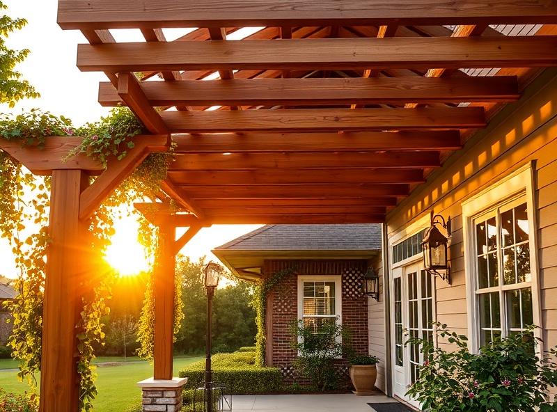 Beautiful traditional wooden pergola with climbing vines