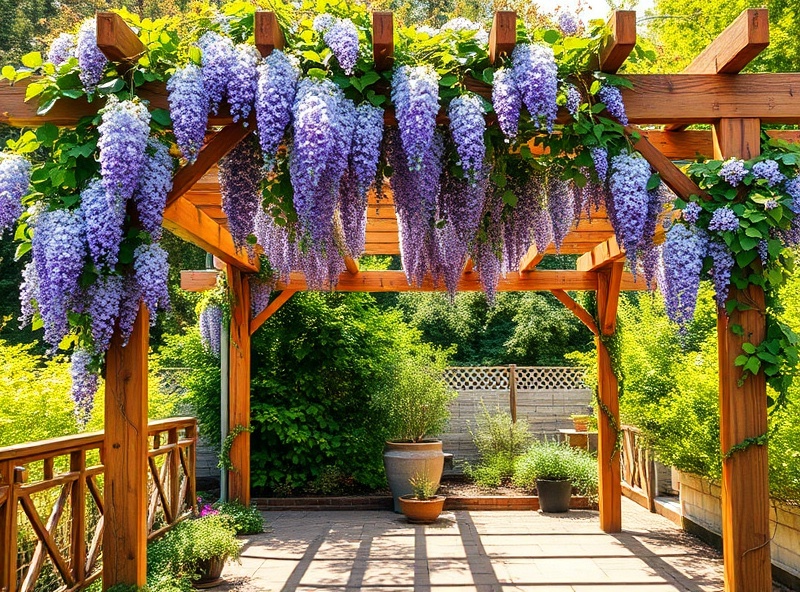 Freestanding pergola in garden setting with climbing vines