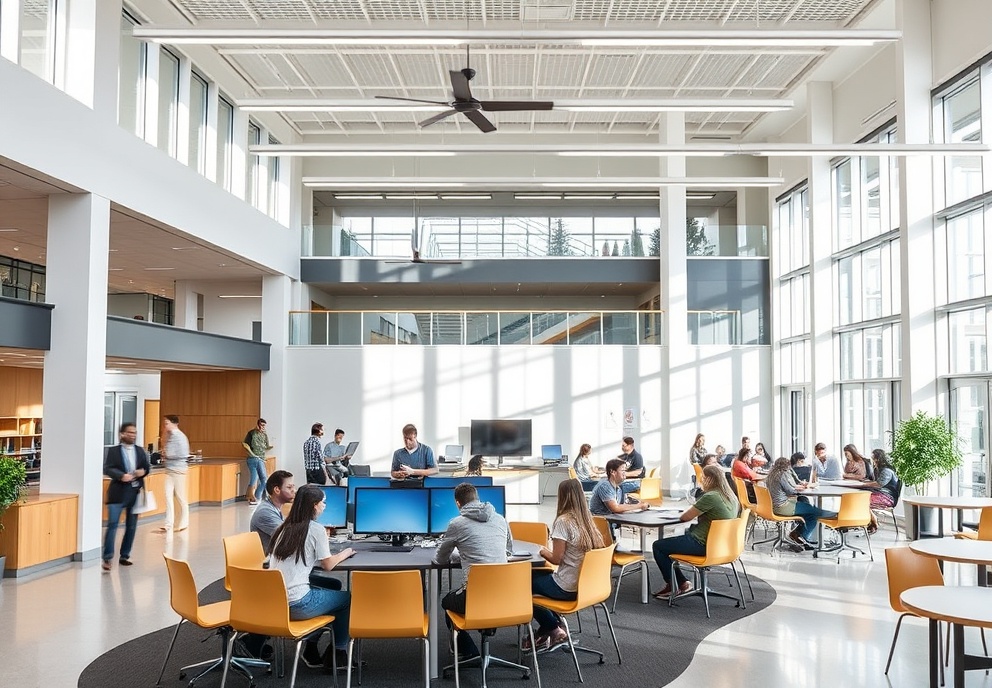 Modern student collaboration space with natural light and contemporary furniture