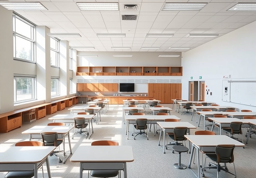 Modern high school classroom with flexible layouts and contemporary educational technology