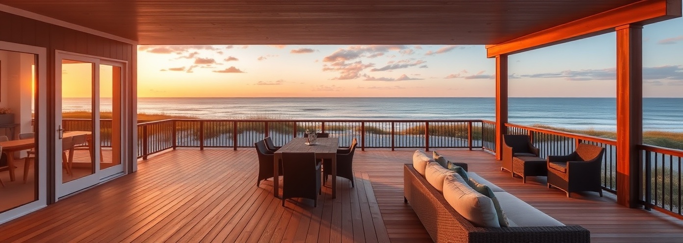 Beautiful modern deck overlooking Gulf Coast during golden hour