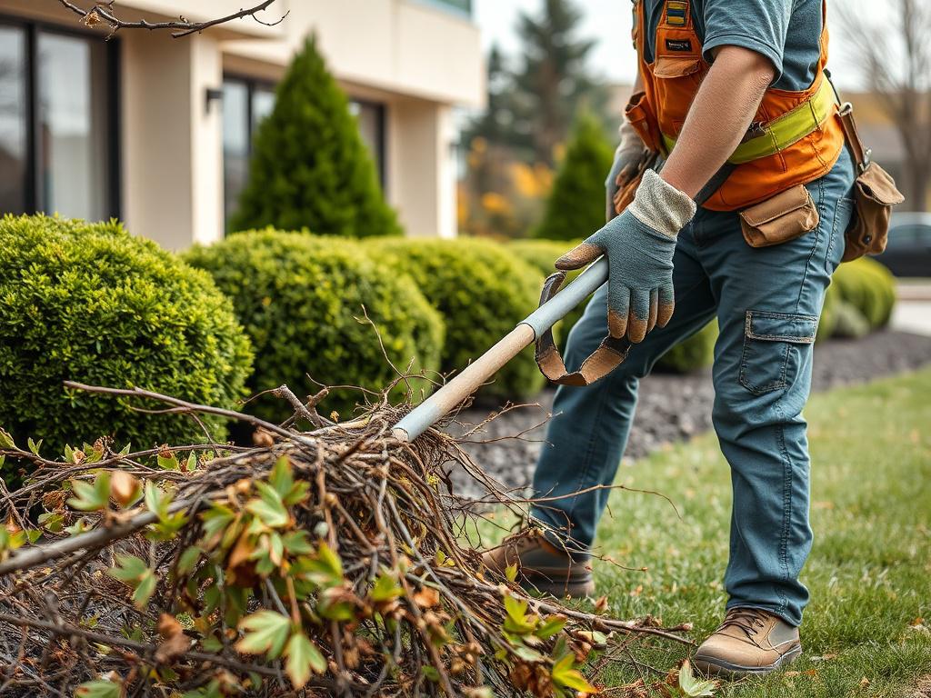 A high-resolution photo of a professional landscaper wearing work gloves and safety gear, actively clearing fallen branches and debris from a commercial landscape after a storm. The scene features a clean, organized background of trimmed bushes and a well-maintained lawn under natural daylight, capturing earthy textures and natural tones with a rustic aesthetic. The primary color rgb(50, 170, 39) is subtly reflected in the landscaping elements like plants and greenery.