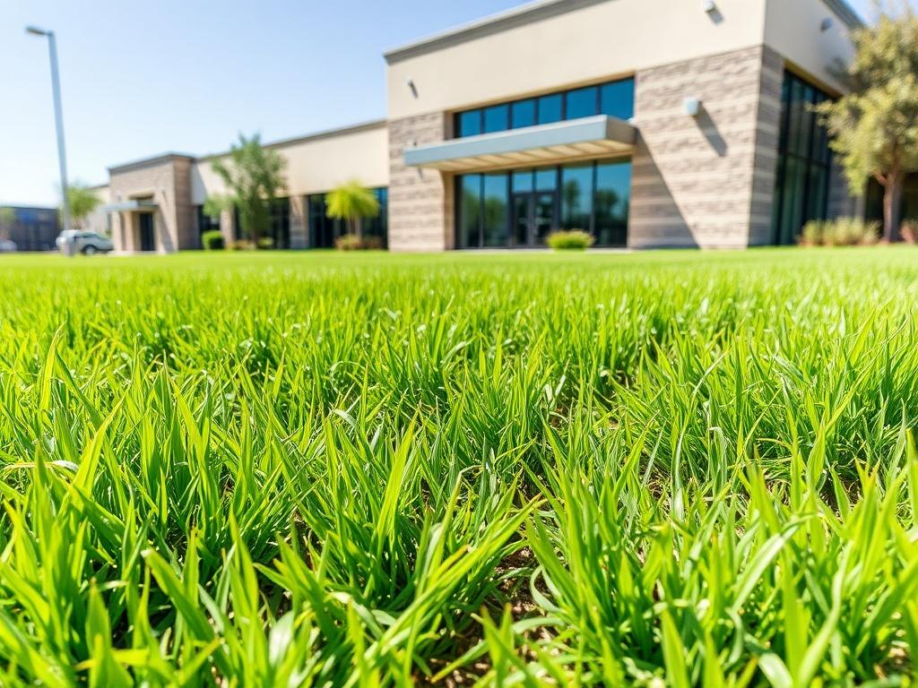 A lush green grass lawn on a commercial property in Southern Arizona, featuring vibrant turf with a neat, manicured appearance. The scene includes a backdrop of a modern commercial building and a clear blue sky. The grass should appear healthy and well-maintained, with a subtle shadow cast by the building. The overall composition should exude a sense of professionalism and care, showcasing the importance of a beautiful landscape for business settings.